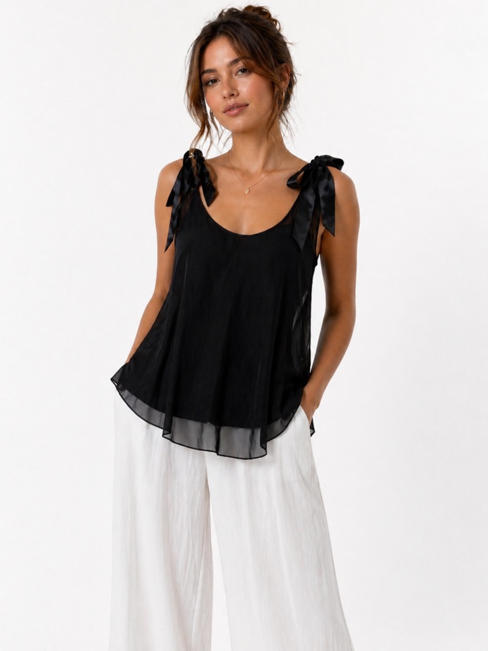 Victoria’s Secret Black Sheer Chiffon Bow Strap Blouse Y2K Soft Girl Chic Top S